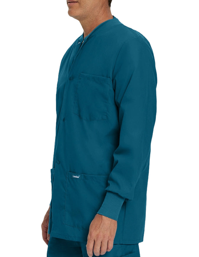 Landau 31.5 Inch Men's Snap Front Rib Knit Scrub Jacket - Caribbean Blue