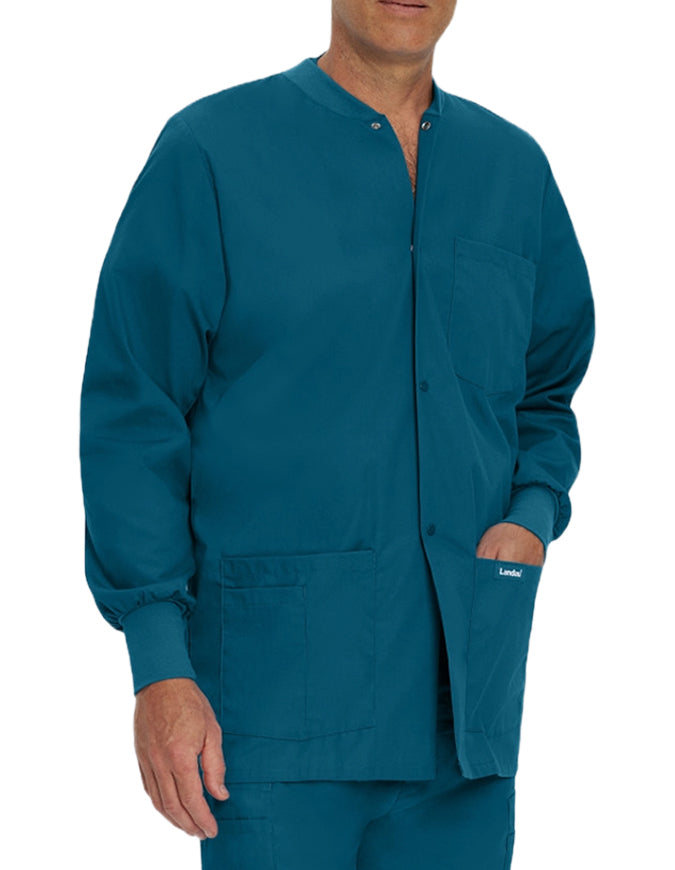 Landau 31.5 Inch Men's Snap Front Rib Knit Scrub Jacket - Caribbean Blue