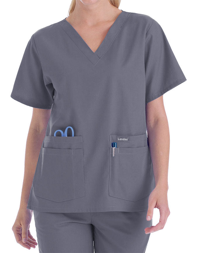 Landau 27.25 Inch Women's V-Neck Nurse Scrub Top - Steel Grey