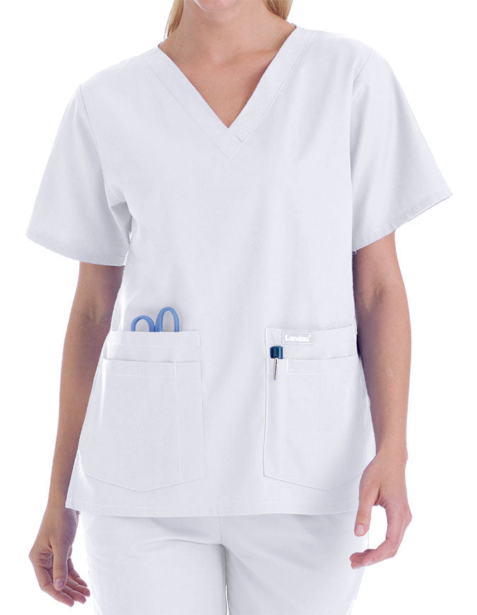 Landau 27.25 Inch Women's V-Neck Nurse Scrub Top - White