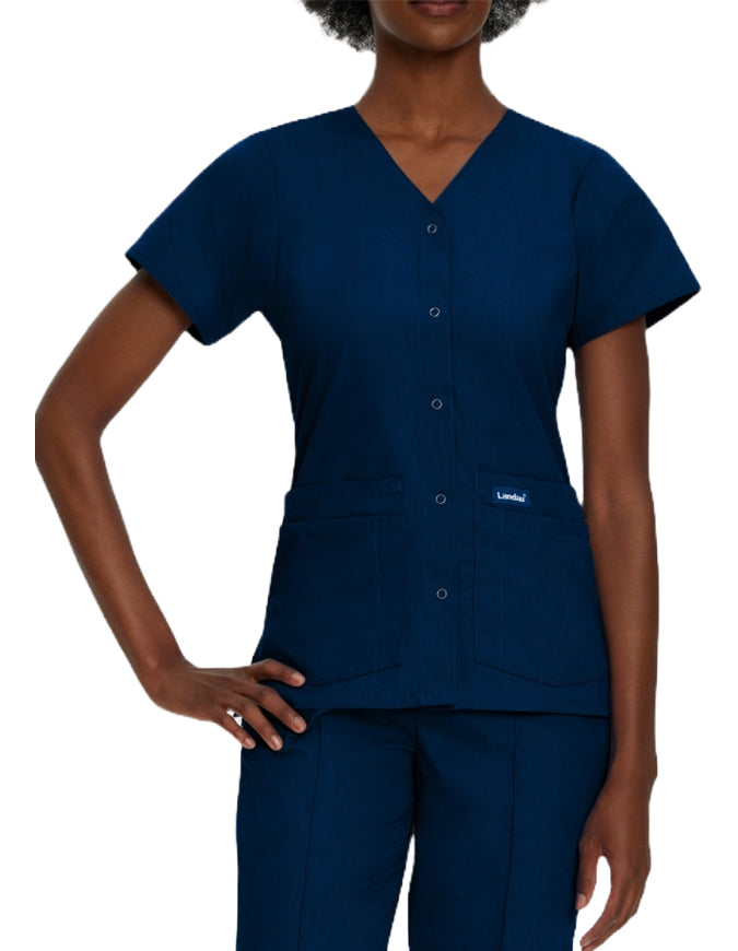 Landau Women's V-Neck Snap Front Solid Nurse Scrub Top - True Navy