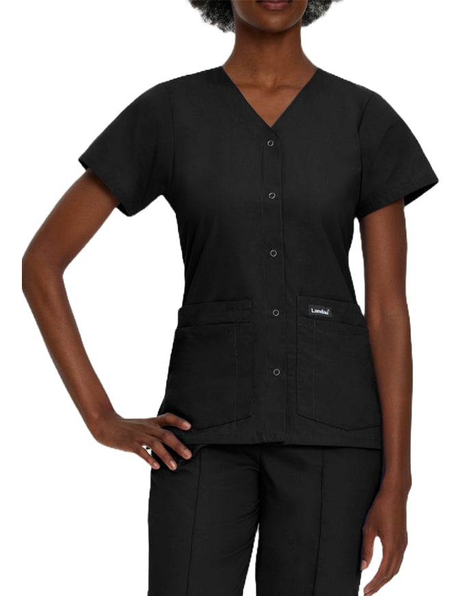 Landau Women's V-Neck Snap Front Solid Nurse Scrub Top - Black