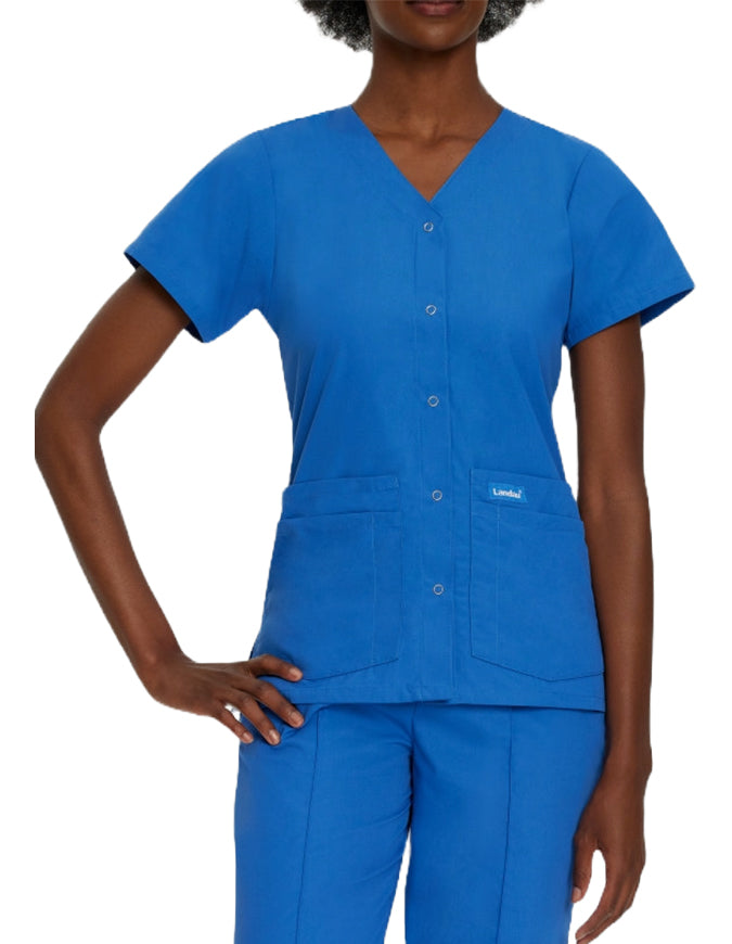 Landau Women's V-Neck Snap Front Solid Nurse Scrub Top - Royal Blue