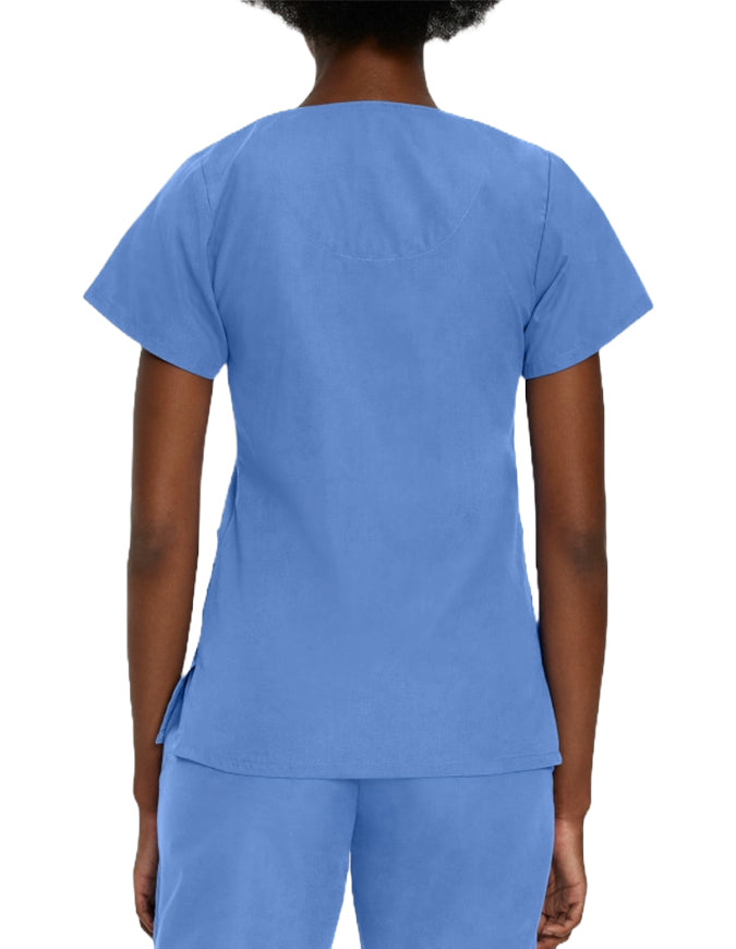 Landau Women's V-Neck Snap Front Solid Nurse Scrub Top - Ciel Blue