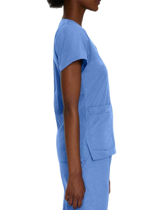 Landau Women's V-Neck Snap Front Solid Nurse Scrub Top - Ciel Blue