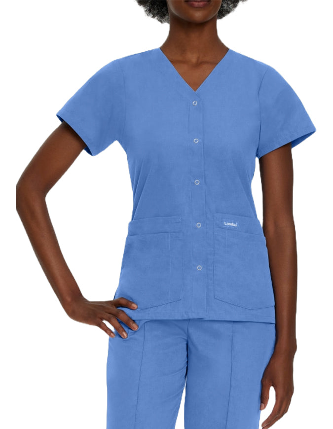 Landau Women's V-Neck Snap Front Solid Nurse Scrub Top - Ciel Blue