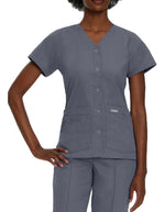 Landau Women's V-Neck Snap Front Solid Nurse Scrub Top - Steel Grey