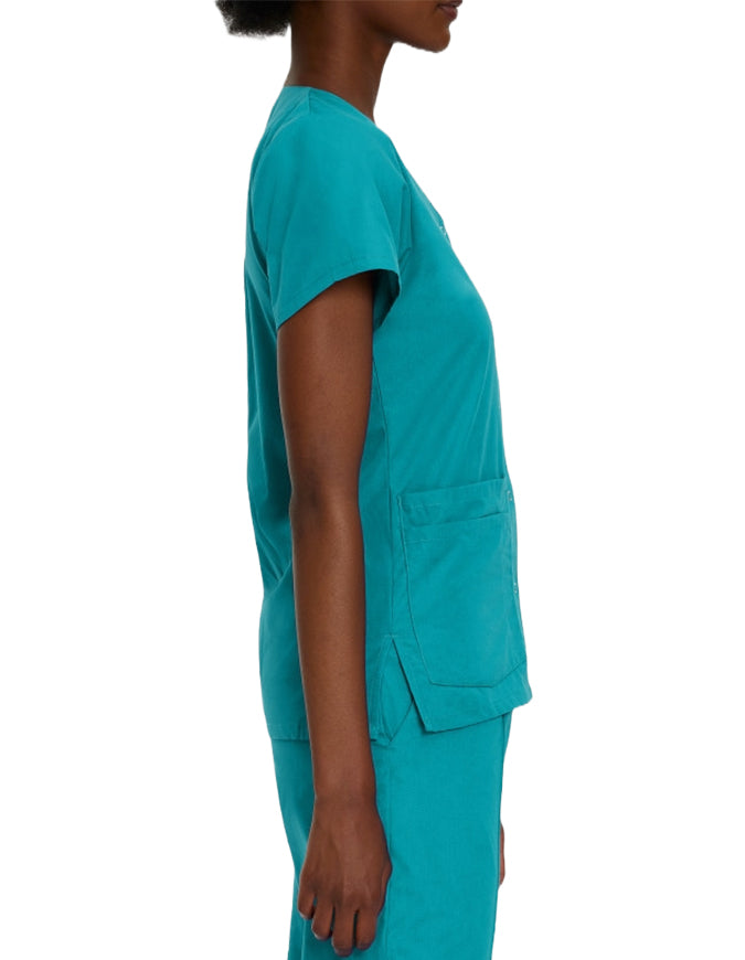 Landau Women's V-Neck Snap Front Solid Nurse Scrub Top - Teal Blue