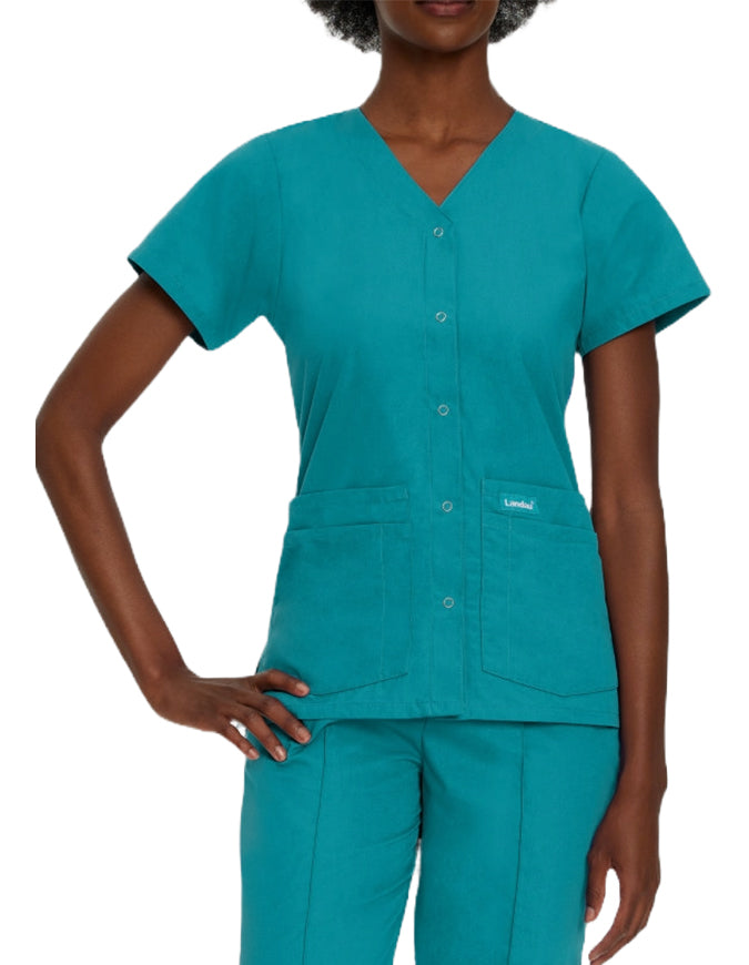 Landau Women's V-Neck Snap Front Solid Nurse Scrub Top - Teal Blue