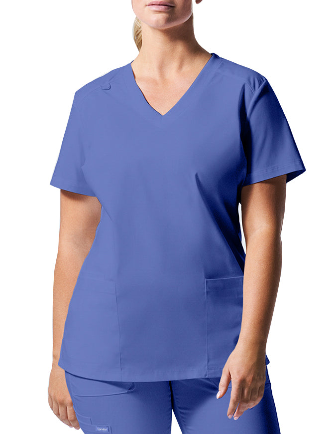 Landau ProFlex Women's 3 Pocket V-Neck Scrub Top Ceil Blue