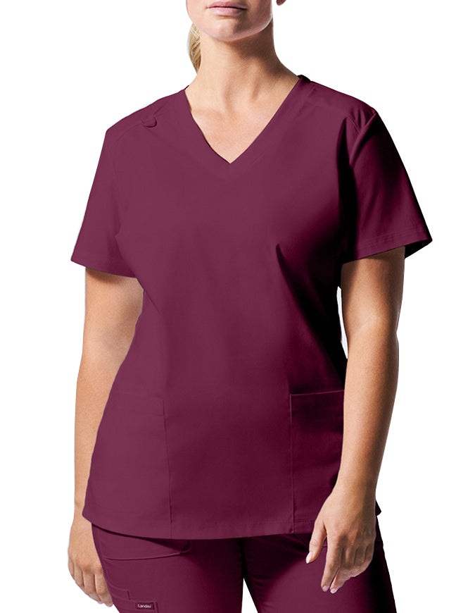 Landau ProFlex Women's 3 Pocket V-Neck Scrub Top Wine