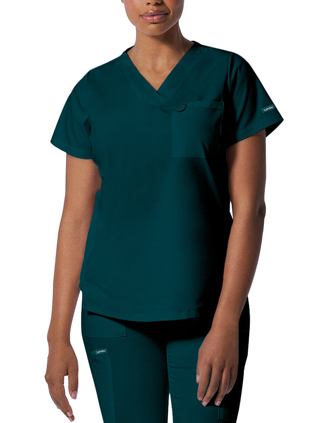 Landau ProFlex Women's 2 Pocket V-Neck Scrub Top Caribbean Blue