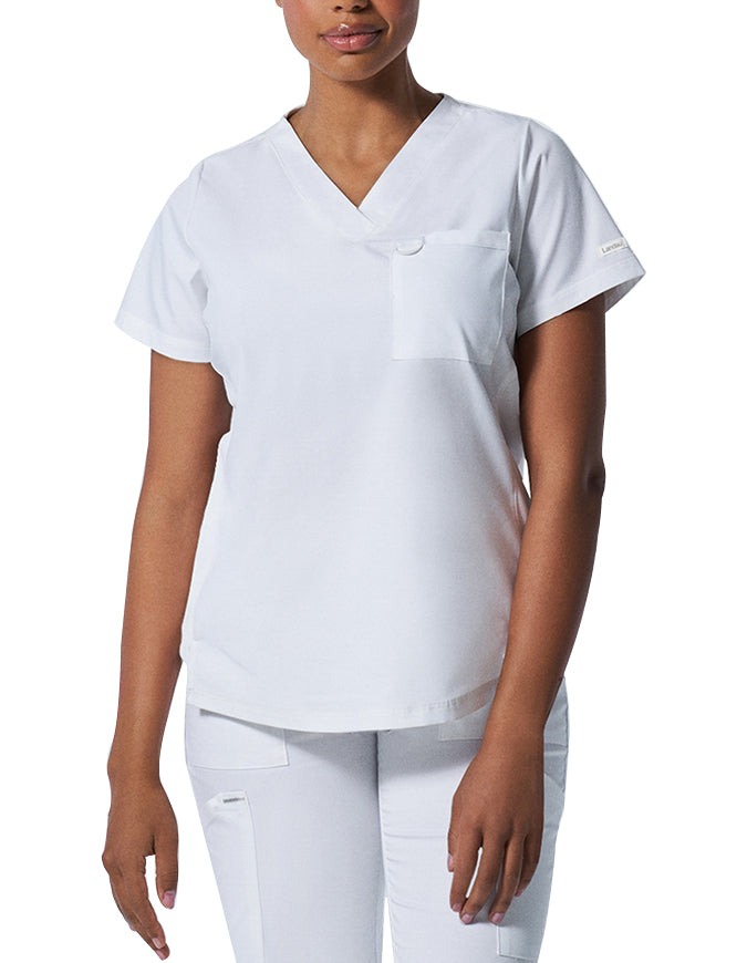 Landau ProFlex Women's 2 Pocket V-Neck Scrub Top White