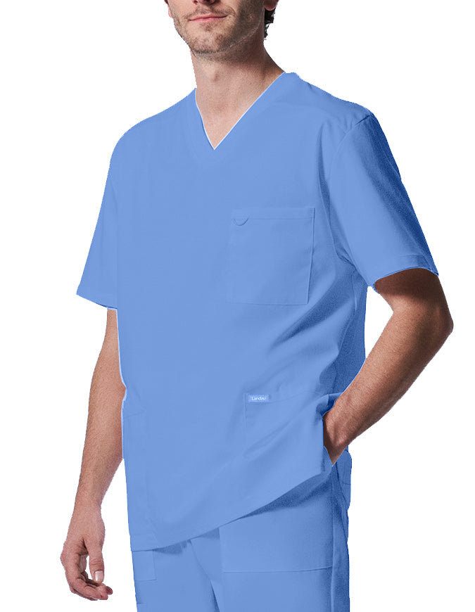 Landau ProFlex Men's 4 Pocket V-Neck Scrub Top - Ciel Blue