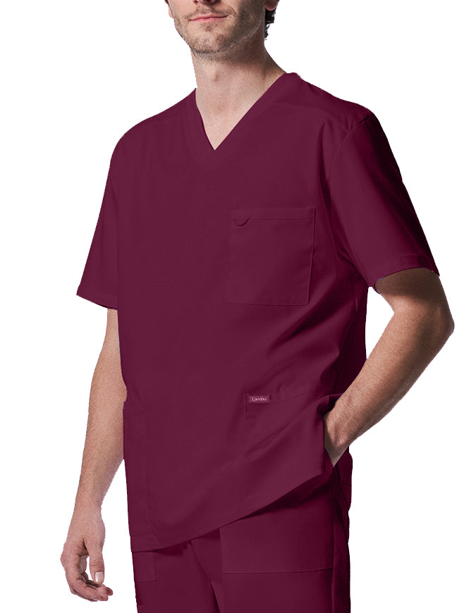 Landau ProFlex Men's 4 Pocket V-Neck Scrub Top - Wine