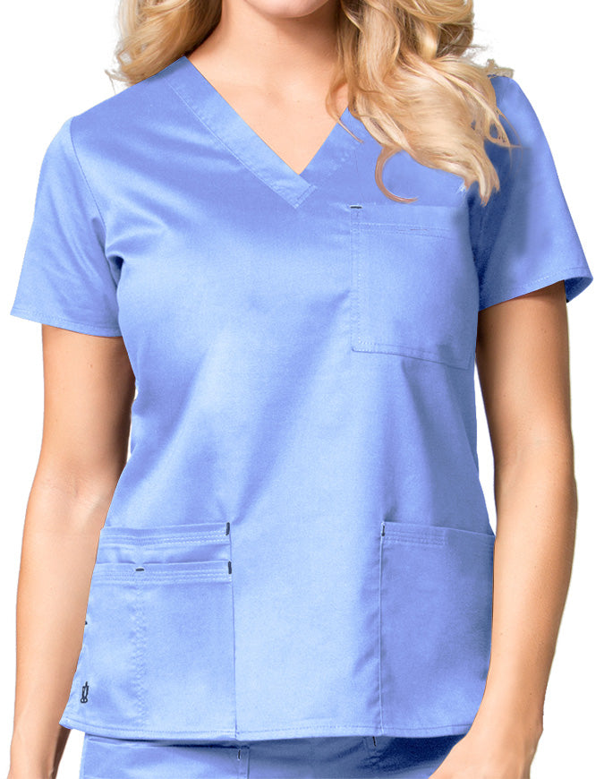 Maevn 26.5 Inch Blossom Women's V-Neck Fashion Scrub Top Ceil Blue