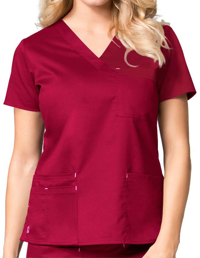 Maevn 26.5 Inch Blossom Women's V-Neck Fashion Scrub Top Crimson