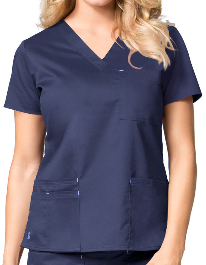 Maevn 26.5 Inch Blossom Women's V-Neck Fashion Scrub Top Navy