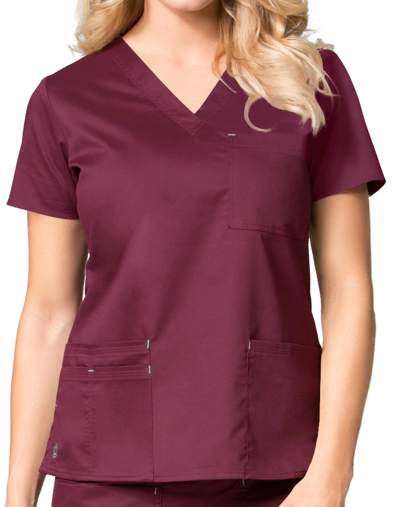 Maevn 26.5 Inch Blossom Women's V-Neck Fashion Scrub Top wine