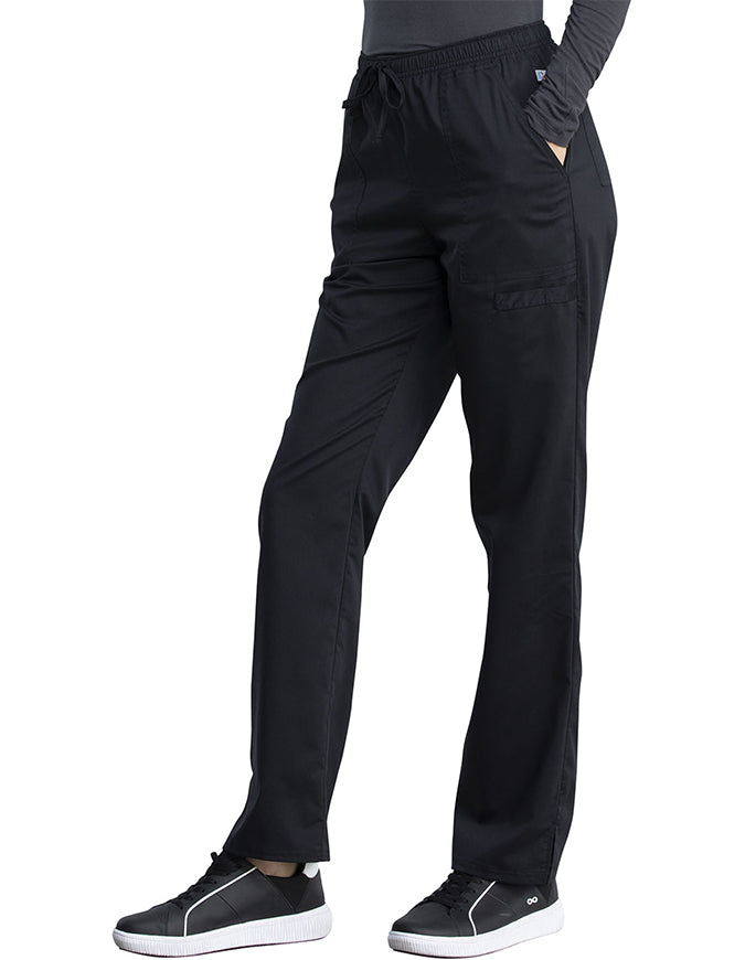 Cherokee Workwear Revolution Tech Women's Mid Rise Straight Leg Drawstring Petite Pant - Black