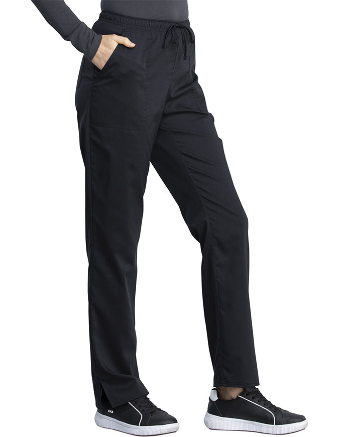 Cherokee Workwear Revolution Tech Women's Mid Rise Straight Leg Drawstring Petite Pant - Black