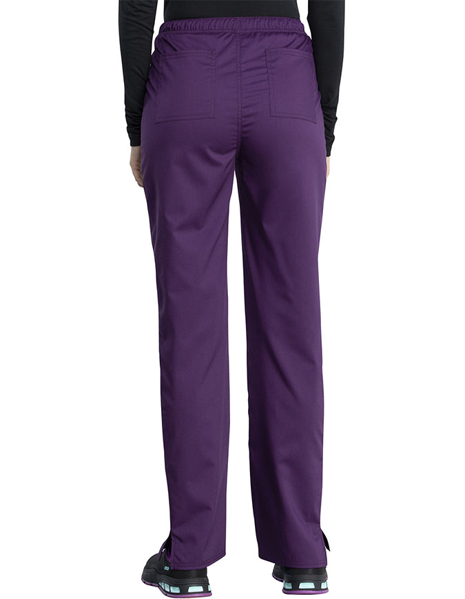 Cherokee Workwear Revolution Tech Women's Mid Rise Straight Leg Drawstring Petite Pant - Eggplant