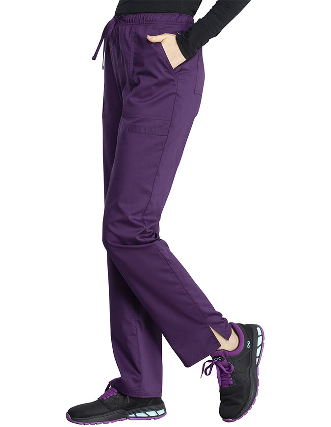 Cherokee Workwear Revolution Tech Women's Mid Rise Straight Leg Drawstring Petite Pant - Eggplant