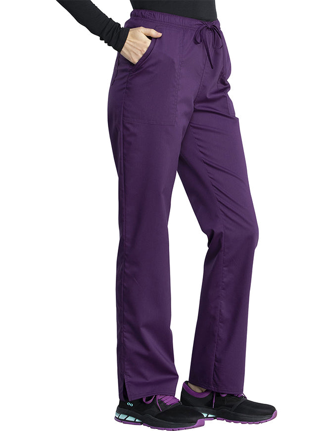 Cherokee Workwear Revolution Tech Women's Mid Rise Straight Leg Drawstring Petite Pant - Eggplant