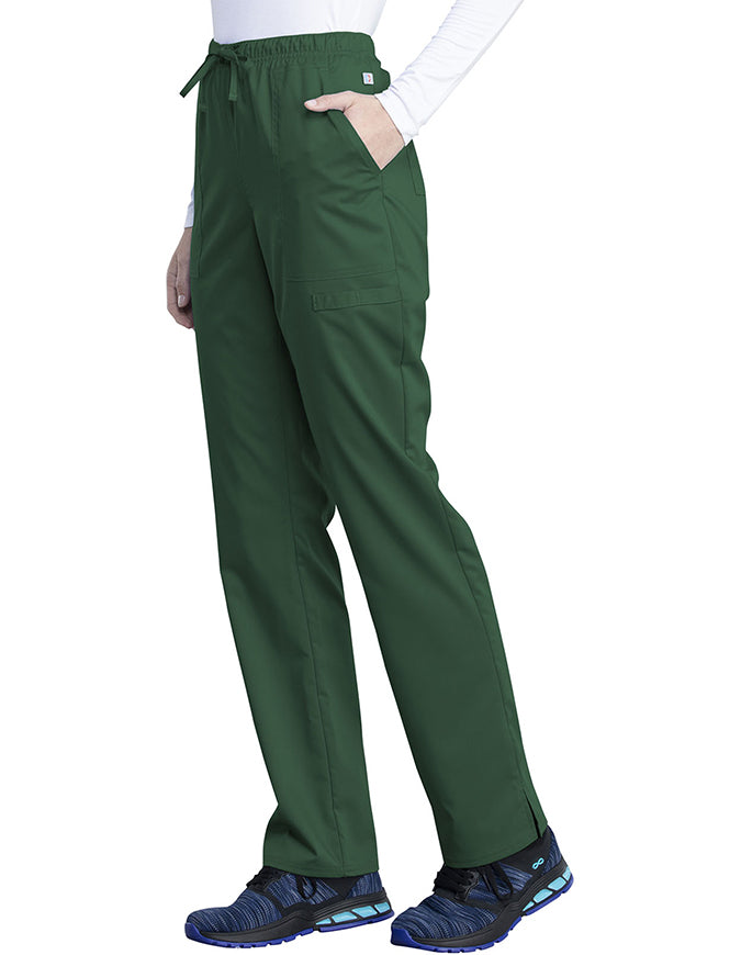 Cherokee Workwear Revolution Tech Women's Mid Rise Straight Leg Drawstring Petite Pant - Hunter Green