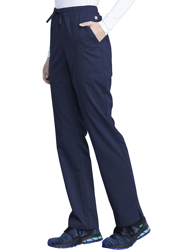 Cherokee Workwear Revolution Tech Women's Mid Rise Straight Leg Drawstring Petite Pant - Navy