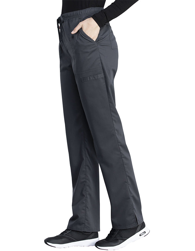 Cherokee Workwear Revolution Tech Women's Mid Rise Straight Leg Drawstring Petite Pant - Pewter