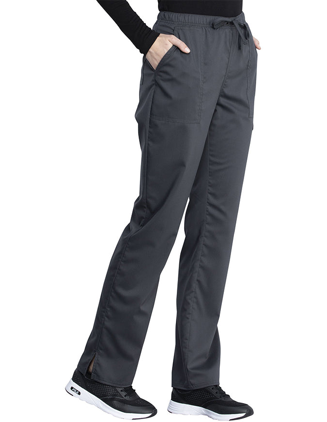 Cherokee Workwear Revolution Tech Women's Mid Rise Straight Leg Drawstring Petite Pant - Pewter