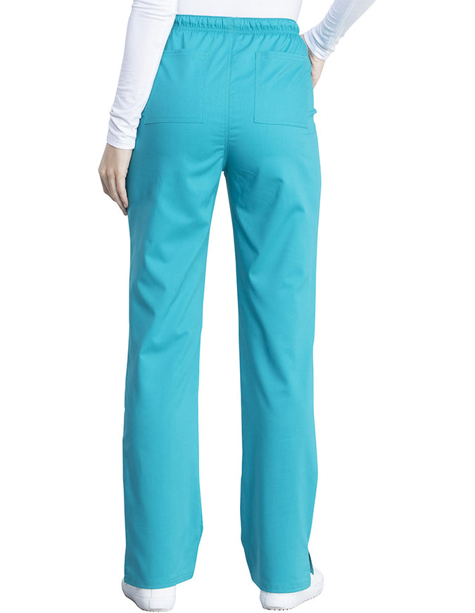 Cherokee Workwear Revolution Tech Women's Mid Rise Straight Leg Drawstring Petite Pant - Teal BLue