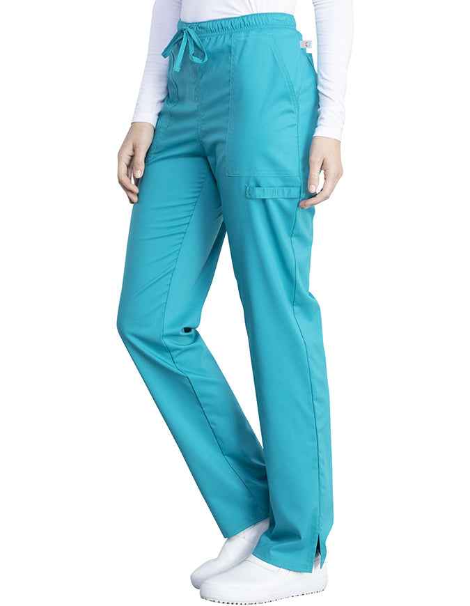 Cherokee Workwear Revolution Tech Women's Mid Rise Straight Leg Drawstring Petite Pant - Teal BLue