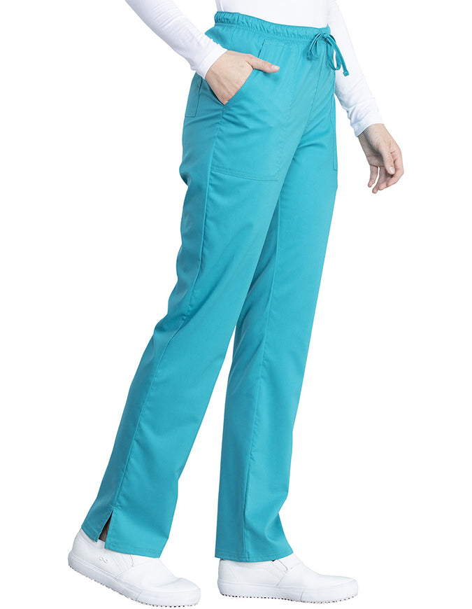 Cherokee Workwear Revolution Tech Women's Mid Rise Straight Leg Drawstring Petite Pant - Teal BLue