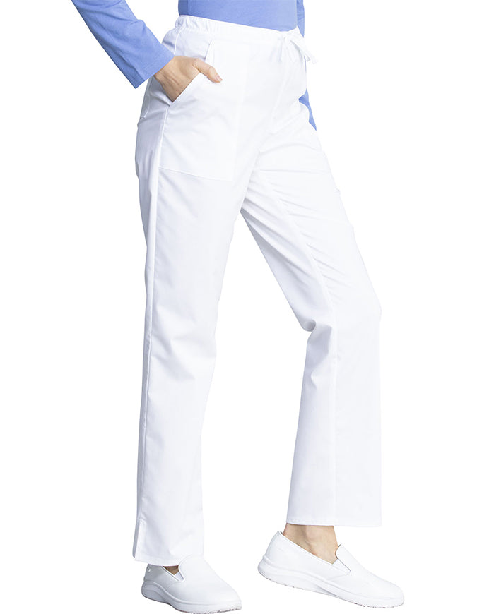 Cherokee Workwear Revolution Tech Women's Mid Rise Straight Leg Drawstring Petite Pant - White