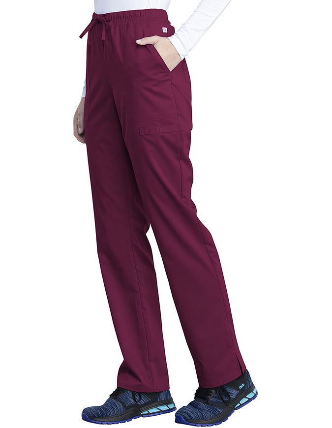 Cherokee Workwear Revolution Tech Women's Mid Rise Straight Leg Drawstring Petite Pant - Wine