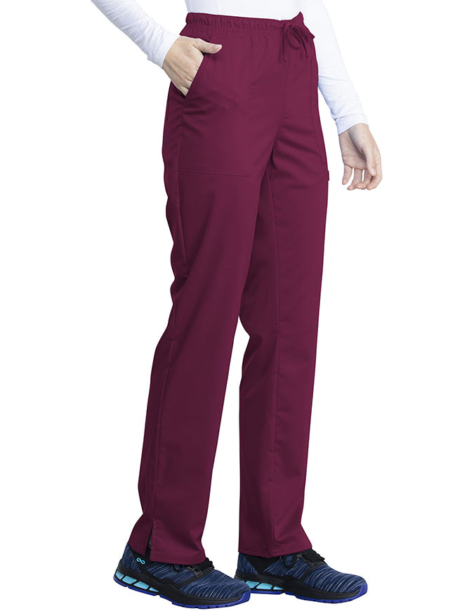 Cherokee Workwear Revolution Tech Women's Mid Rise Straight Leg Drawstring Petite Pant - Wine