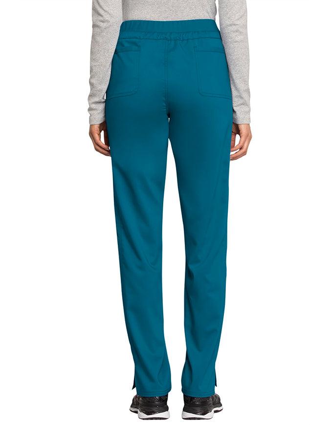 Cherokee Workwear Revolution Women's Mid Rise Tapered Leg Drawstring Petite Pant teal blue