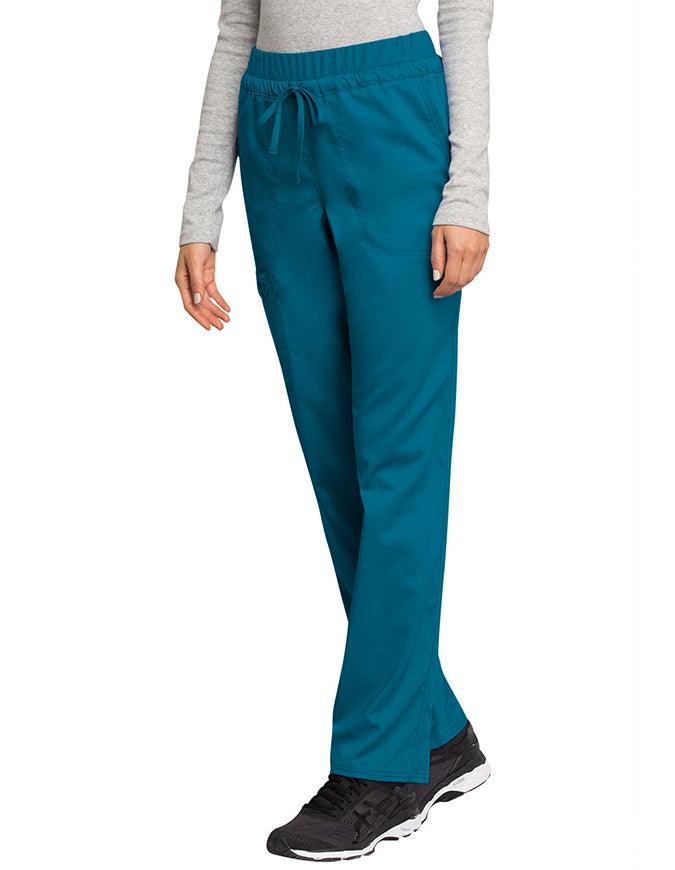 Cherokee Workwear Revolution Women's Mid Rise Tapered Leg Drawstring Petite Pant teal blue