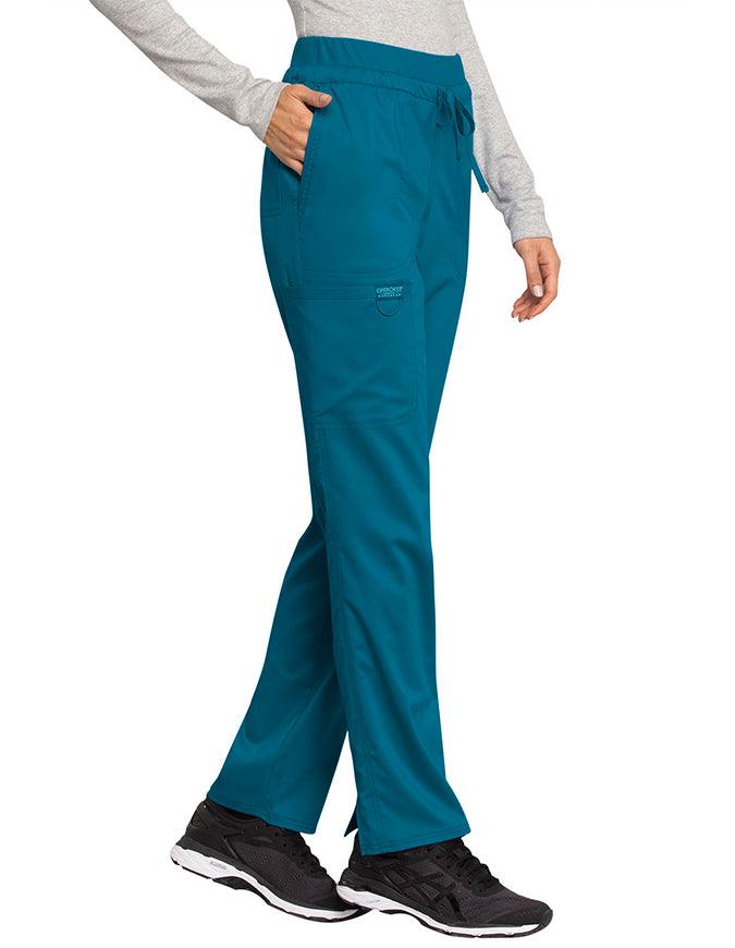 Cherokee Workwear Revolution Women's Mid Rise Tapered Leg Drawstring Petite Pant teal blue