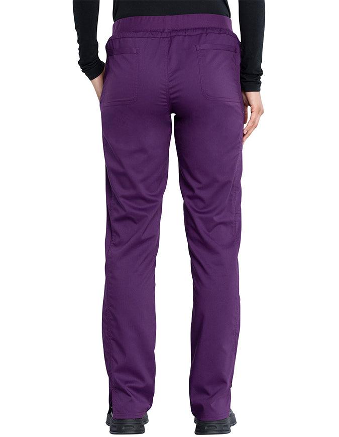 Cherokee Workwear Revolution Women's Mid Rise Tapered Leg Drawstring Petite Pant Eggplant