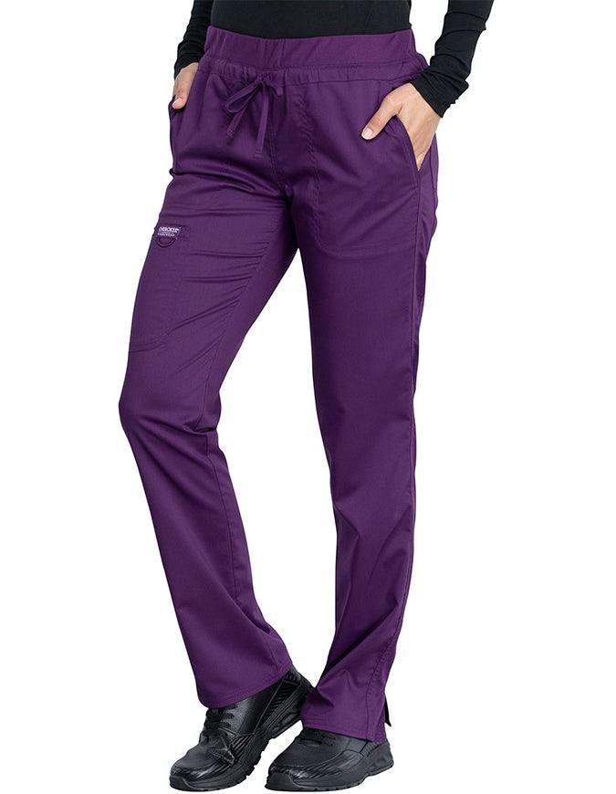 Cherokee Workwear Revolution Women's Mid Rise Tapered Leg Drawstring Petite Pant Eggplant