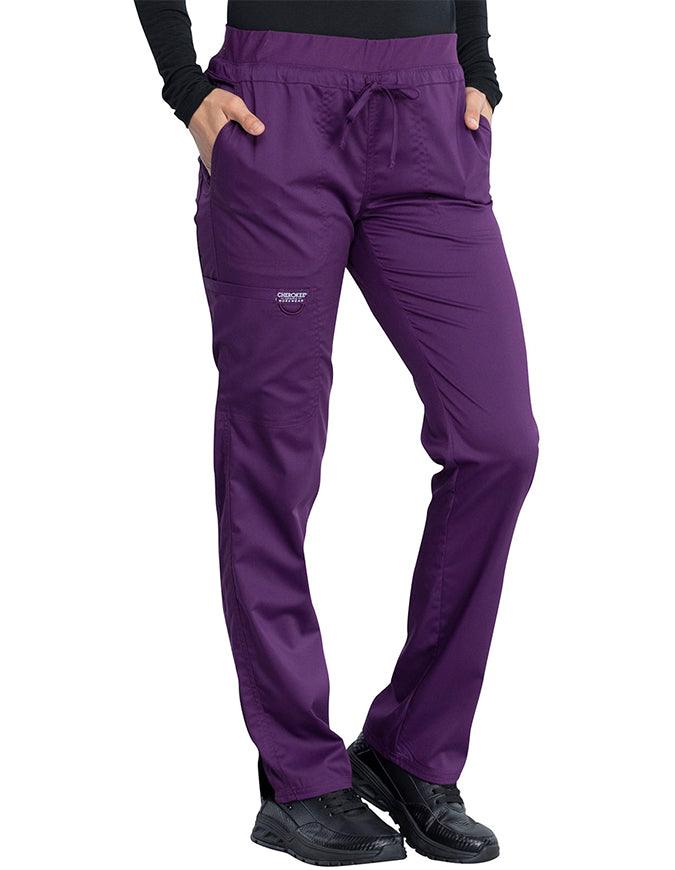 Cherokee Workwear Revolution Women's Mid Rise Tapered Leg Drawstring Petite Pant Eggplant