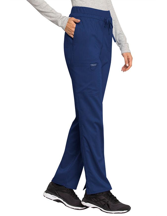 Cherokee Workwear Revolution Women's Mid Rise Tapered Leg Drawstring Petite Pant Navy