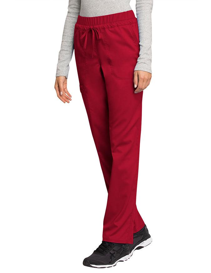 Cherokee Workwear Revolution Women's Mid Rise Tapered Leg Drawstring Petite Pant red