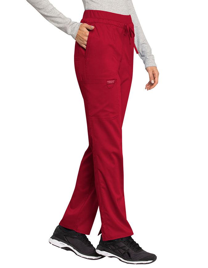 Cherokee Workwear Revolution Women's Mid Rise Tapered Leg Drawstring Petite Pant red