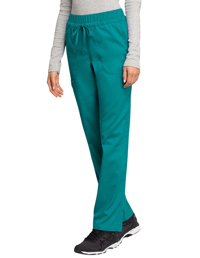 Cherokee Workwear Revolution Women's Mid Rise Tapered Leg Drawstring Petite Pant Teal blue