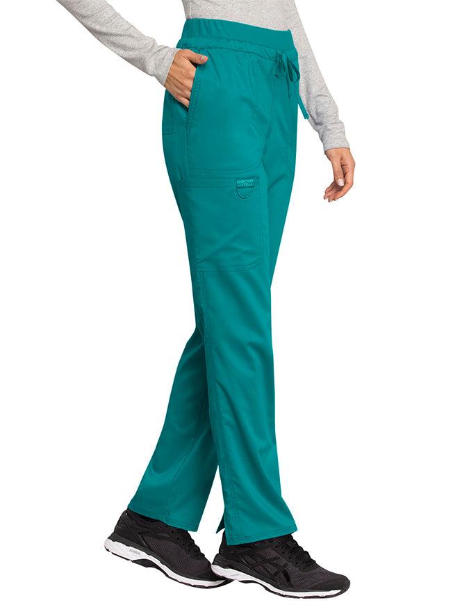 Cherokee Workwear Revolution Women's Mid Rise Tapered Leg Drawstring Petite Pant Teal blue