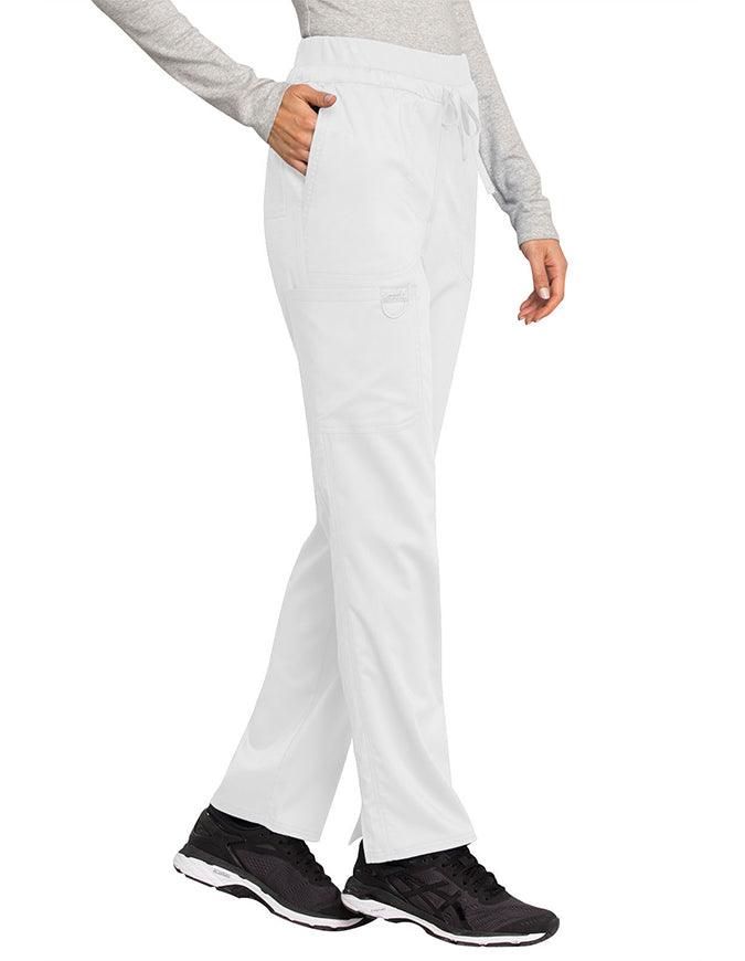 Cherokee Workwear Revolution Women's Mid Rise Tapered Leg Drawstring Petite Pant Teal white